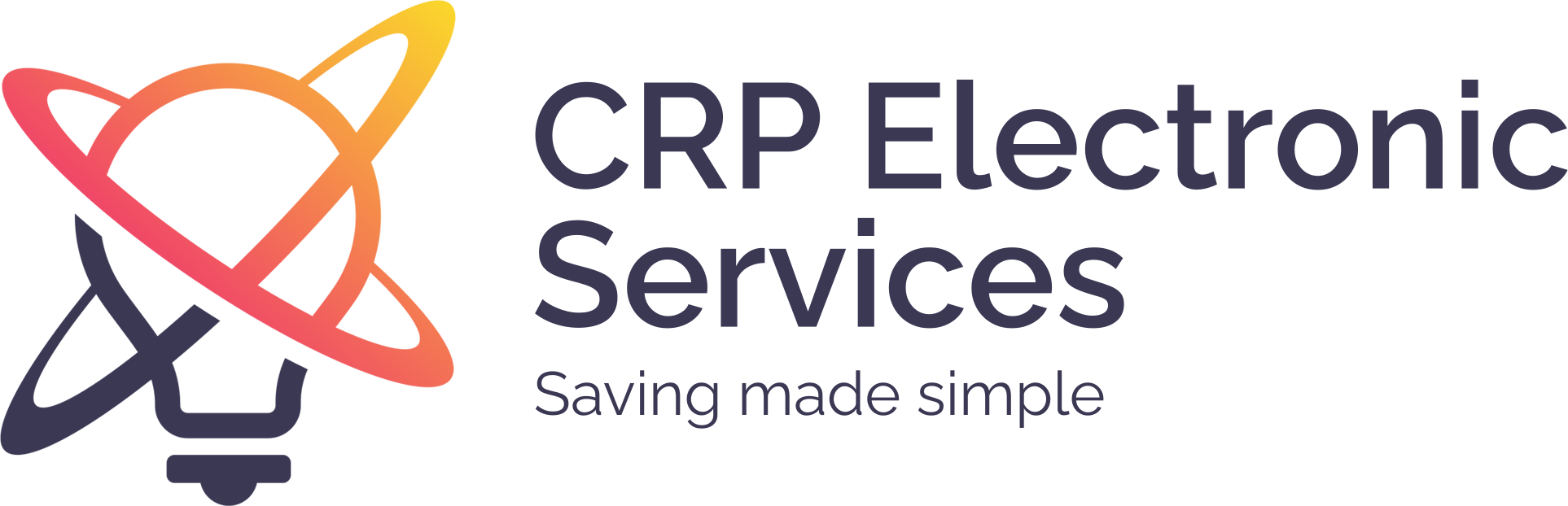 CRP Electronic Services logo featuring a sleek design with an orbit-like element in orange and red surrounding a dark blue lightbulb icon